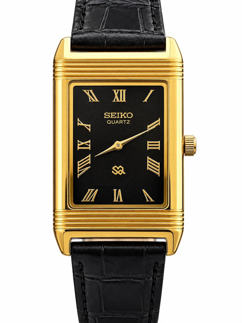 Vintage Seiko Reverso Frame Tank watch Black dial gold bezel